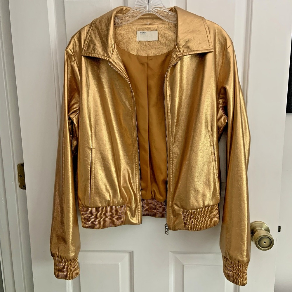 Capulet Supple Gold Full Zip Bomber Faux Leather Rock Star Jacket women sz L